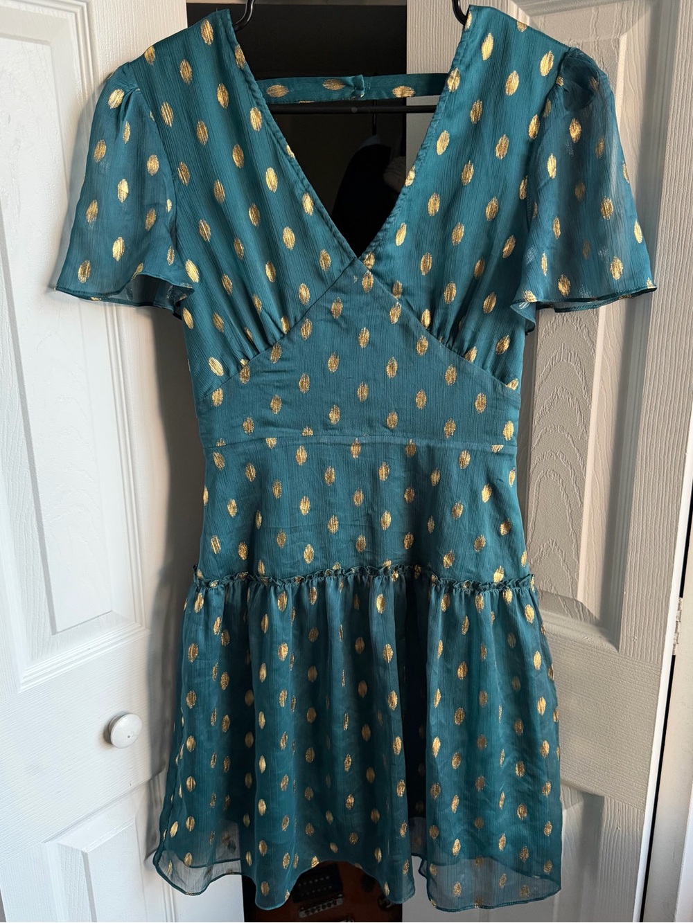 Francesca's “Del Mar” Teal & Gold Polka Dot Chiffon Mini Dress
